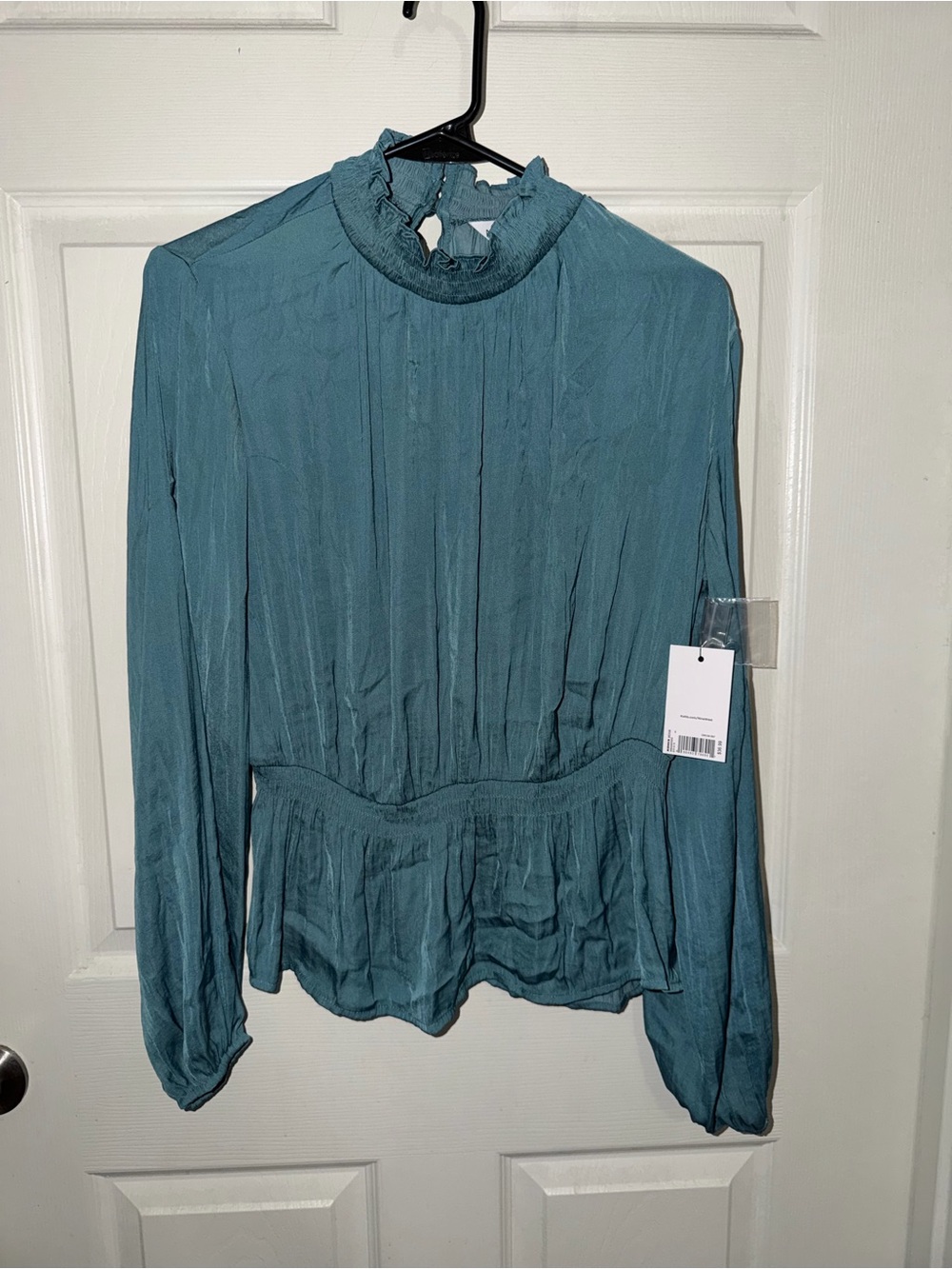Nine West Teal Ruffled Mock Neck Long-Sleeve Blouse